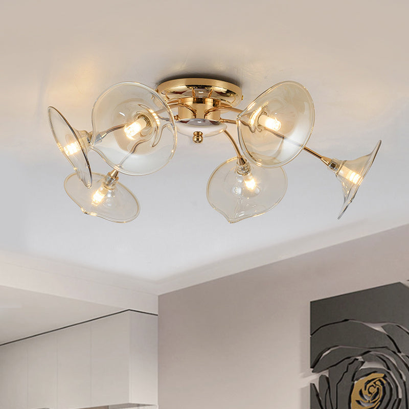 Nordic Gold 6-Light Semi-Flush Ceiling Lamp With Trumpet Glass Shade For Dining Rooms