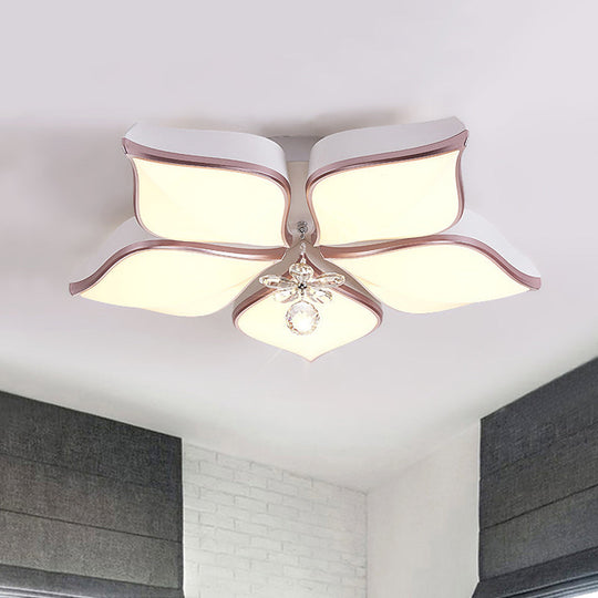 Contemporary Flower Ceiling Mounted Fixture: Acrylic Flush Light In White With Crystal Drop For