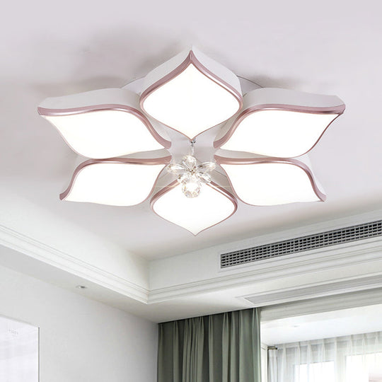 Contemporary Flower Ceiling Mounted Fixture: Acrylic Flush Light In White With Crystal Drop For