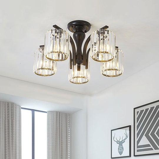 Sleek Nordic Metal Black Ceiling Light Fixture with Crystal Shade - Cylinder Semi Flush Mount, 3/5 Lights