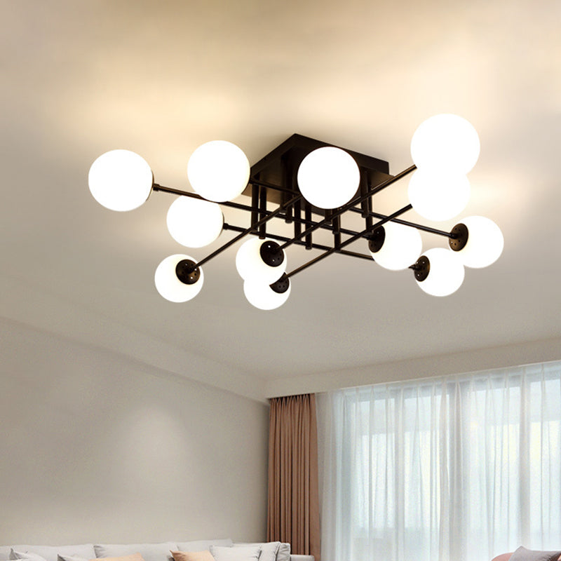 Nordic Metal Crossed Lines Semi Flush Ceiling Light - Black Flush Mount with Glass Shade - 3/8/12 Heads - Ideal for Living Room