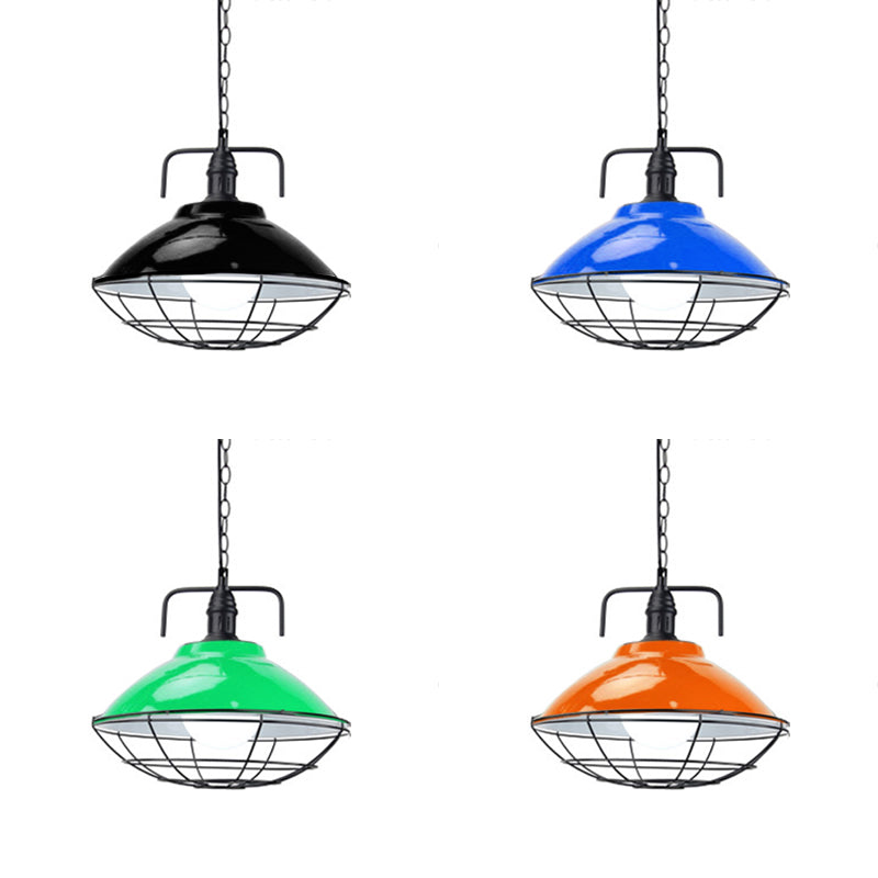 Industrial Hanging Lamp: 11"/14" Dia 1-Light Dome Pendant, Black/Blue Metal with Wire Cage for Indoor Lighting