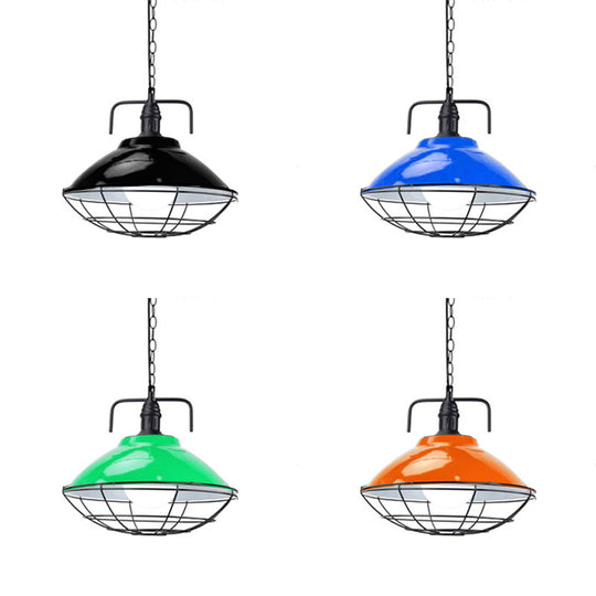 Industrial Hanging Lamp: 11"/14" Dia 1-Light Dome Pendant, Black/Blue Metal with Wire Cage for Indoor Lighting