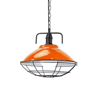 Industrial Hanging Lamp: 11"/14" Dia 1-Light Dome Pendant, Black/Blue Metal with Wire Cage for Indoor Lighting