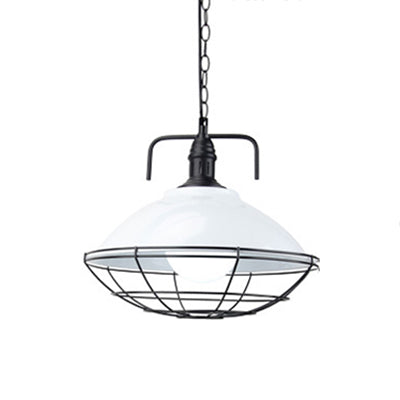 Industrial Hanging Lamp: 11"/14" Dia 1-Light Dome Pendant, Black/Blue Metal with Wire Cage for Indoor Lighting