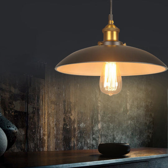 Vintage Style Iron Pendant Lighting for Restaurants - Bowl Shade, 1 Light, Black Finish - Sizes: 12"/16