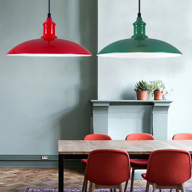 Metal Industrial Hanging Pendant Light - Green/Red Bowl Design, 1 Light, 12.5"/16" Width - Ideal for Living Room Ceiling