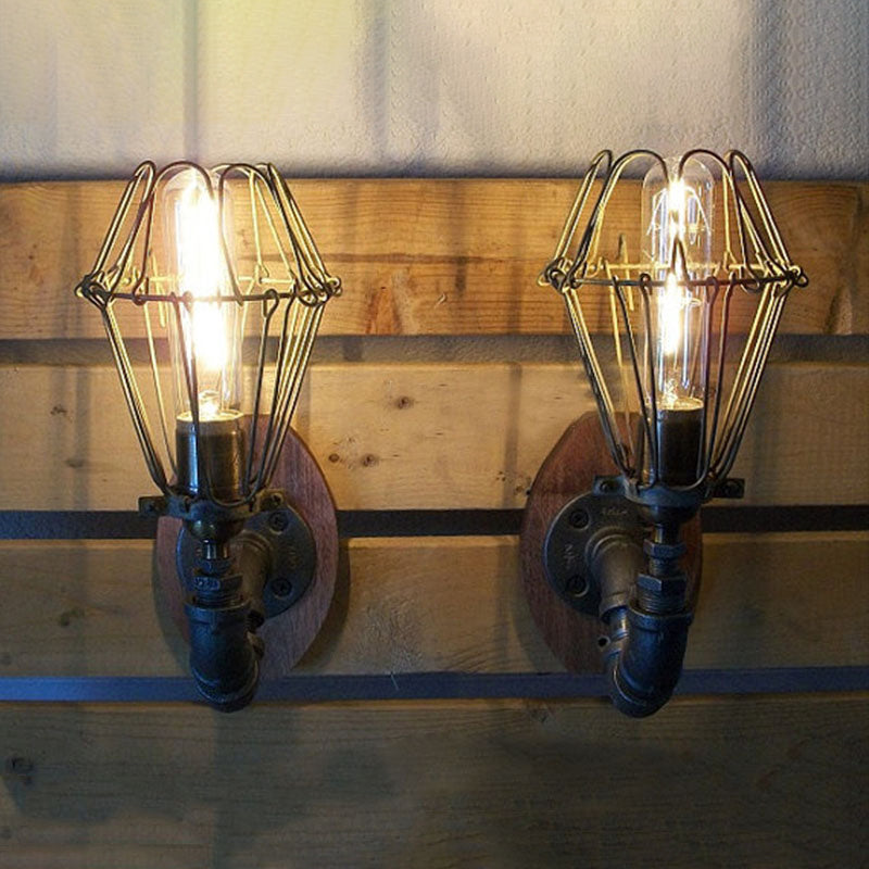 Rustic Wire Frame Wall Lighting With Stylish Pipe Design - 1 Light Wrought Iron Sconce In Black