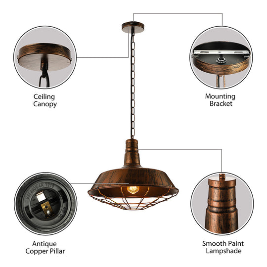 Retro Wire Guard Pendant Light With Barn Shade - 1 Hanging Fixture In Black/Bronze/Rust For Kitchen