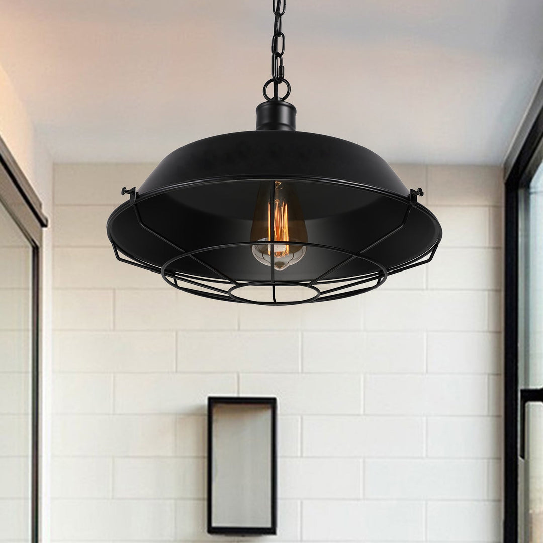 Farmhouse Barn Ceiling Light Fixture With Cage Shade - Metallic Pendant Lamp In Black (1 Bulb