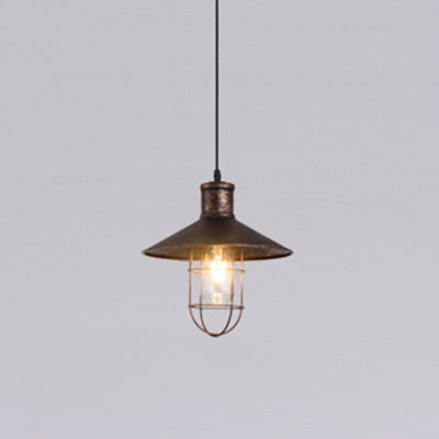 Nautical Style Cone Ceiling Light with Wire Guard - Rust/White Hanging Pendant