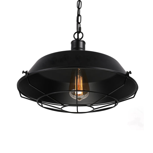 Farmhouse Barn Ceiling Light Fixture With Cage Shade - Metallic Pendant Lamp In Black (1 Bulb