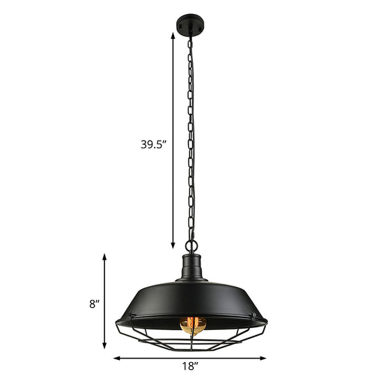 Farmhouse Barn Ceiling Light Fixture With Cage Shade - Metallic Pendant Lamp In Black (1 Bulb