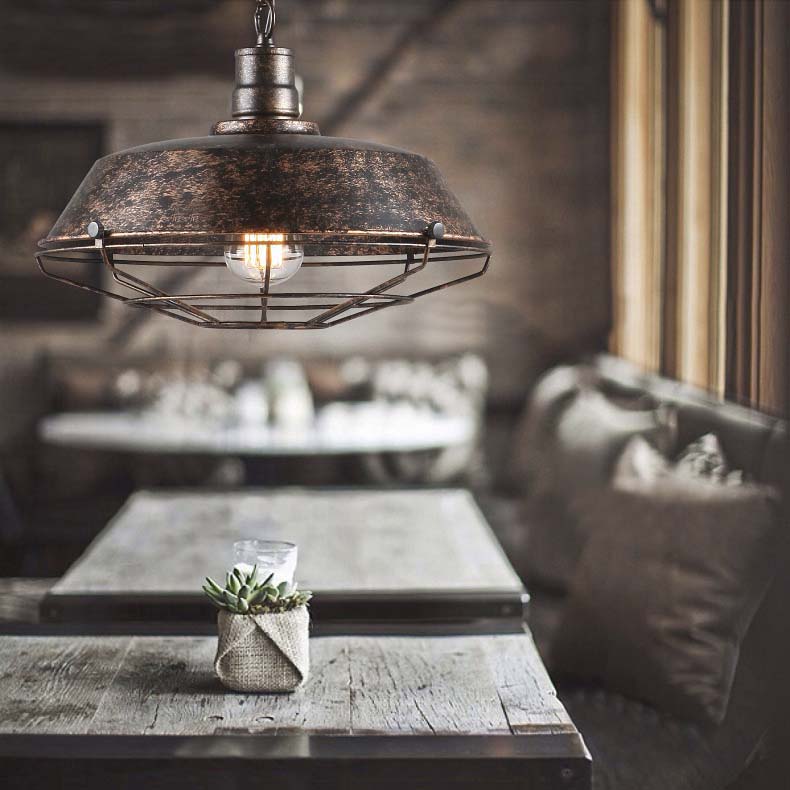 Wire Cage Pendant Light With Rustic Barn Shade - 1 Iron Fixture In Antique Brass/Rust 10-18 Width