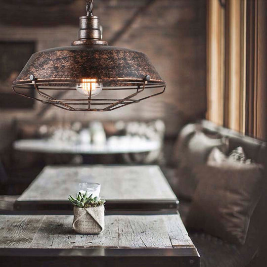 Wire Cage Pendant Light With Rustic Barn Shade - 1 Iron Fixture In Antique Brass/Rust 10-18 Width