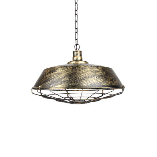 Rustic Wire Cage Pendant Light with Barn Shade in Antique Brass/Rustic Finish, 1 Light, 10"/14"/18" Width