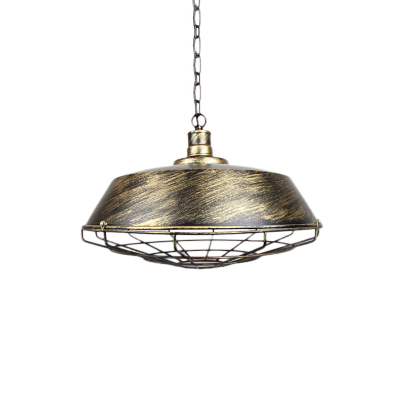 Wire Cage Pendant Light With Rustic Barn Shade - 1 Iron Fixture In Antique Brass/Rust 10-18 Width