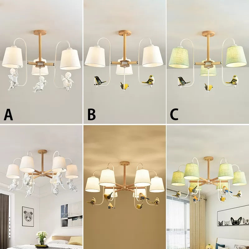 Contemporary Chandelier Light With Tapered Shade - Fabric & Wood Ideal For Child Bedroom