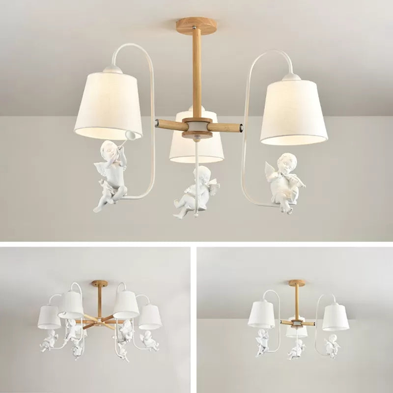 Contemporary Chandelier Light With Tapered Shade - Fabric & Wood Ideal For Child Bedroom