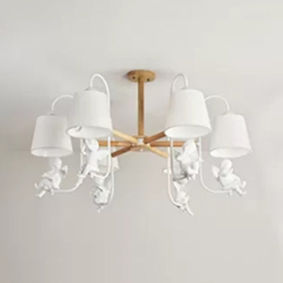 Contemporary Chandelier Light With Tapered Shade - Fabric & Wood Ideal For Child Bedroom