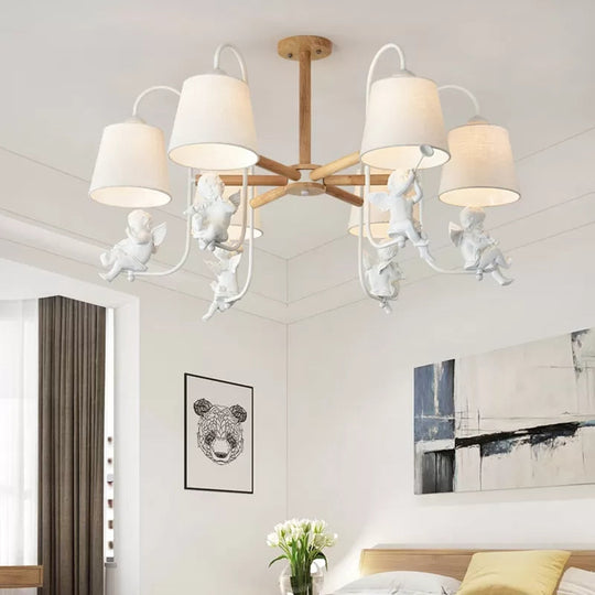 Contemporary Chandelier Light With Tapered Shade - Fabric & Wood Ideal For Child Bedroom