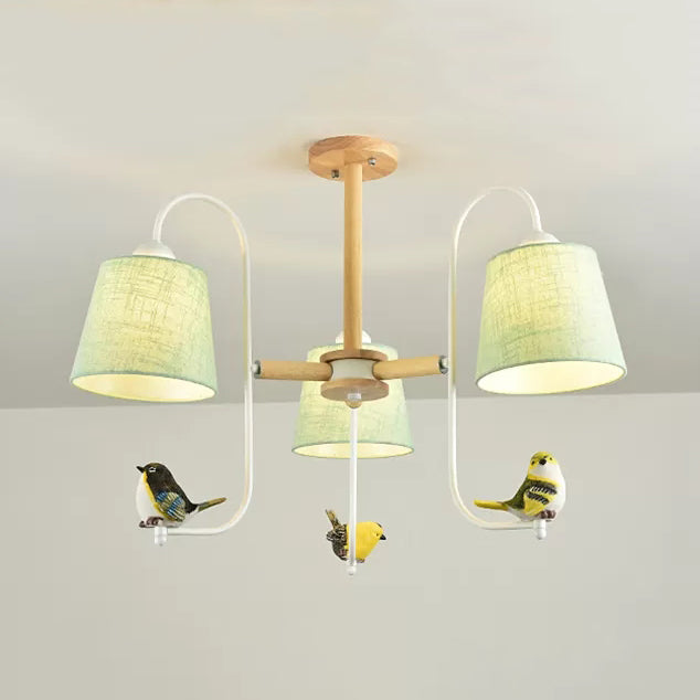 Contemporary Chandelier Light With Tapered Shade - Fabric & Wood Ideal For Child Bedroom