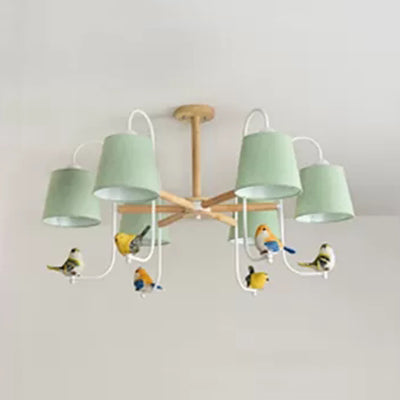 Contemporary Chandelier Light With Tapered Shade - Fabric & Wood Ideal For Child Bedroom