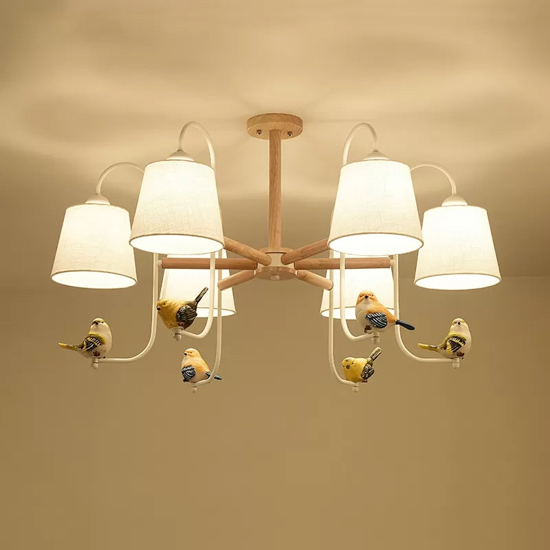 Contemporary Chandelier Light With Tapered Shade - Fabric & Wood Ideal For Child Bedroom 6 / White B