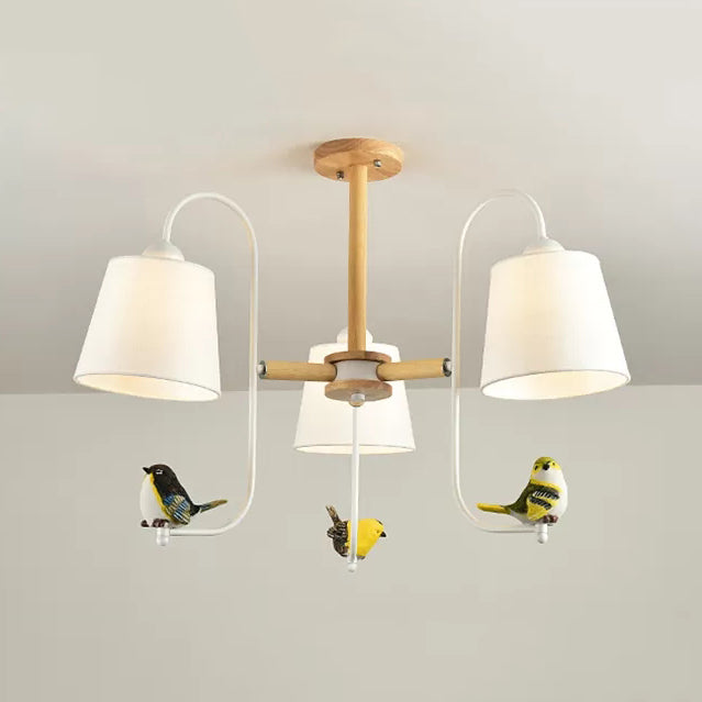 Contemporary Chandelier Light With Tapered Shade - Fabric & Wood Ideal For Child Bedroom