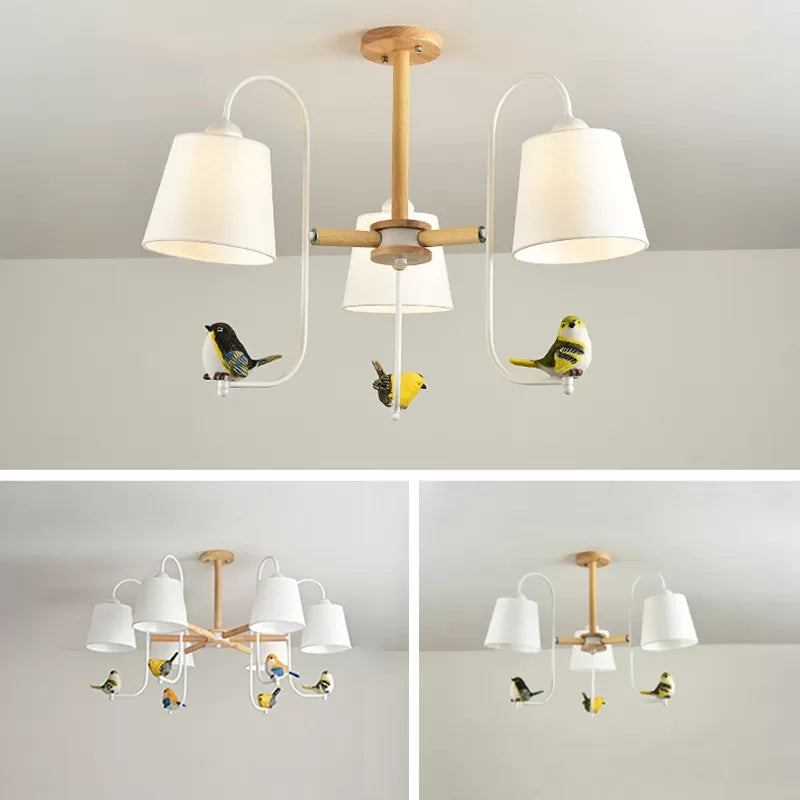 Contemporary Chandelier Light With Tapered Shade - Fabric & Wood Ideal For Child Bedroom