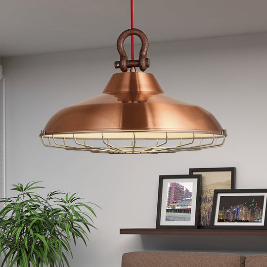 Industrial Metal Frame Pendant Lighting Fixture with Barn Shade - 1 Bulb Living Room Lamp (White/Copper/Rust)