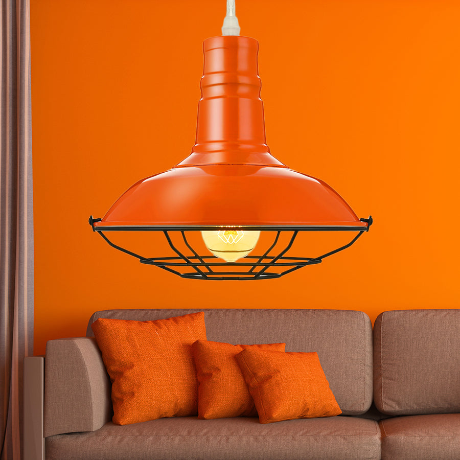 Industrial Metal Pendant Light Fixture with Wire Guard - Orange/Blue/Green Bowl Design - 10"/14"/18" Dia - Ideal for Dining Rooms