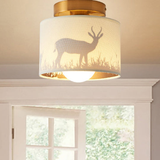 Nordic 1-Bulb Fabric Cylinder Flush Mount Light with Flower/Deer Pattern for Foyer