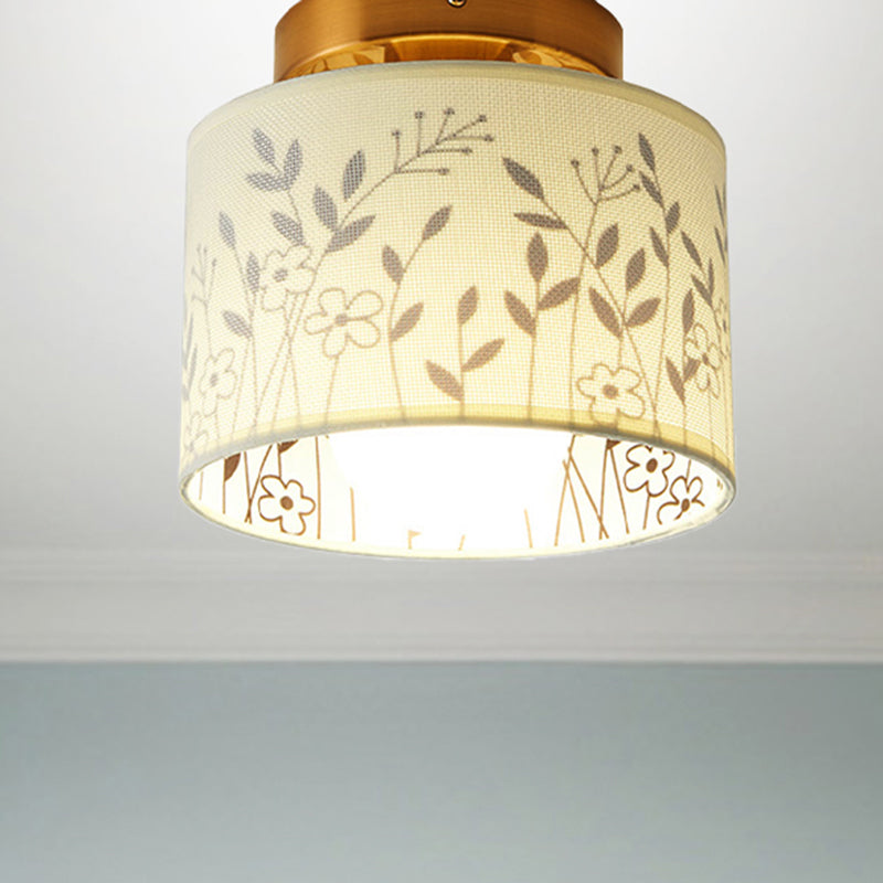 Nordic 1-Bulb Fabric Cylinder Flush Mount Light with Flower/Deer Pattern for Foyer