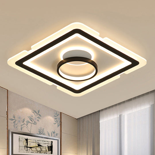 Contemporary Acrylic Square Ceiling Lighting - LED Flush Mount Light for Bedroom - Black/White - 16"/19.5