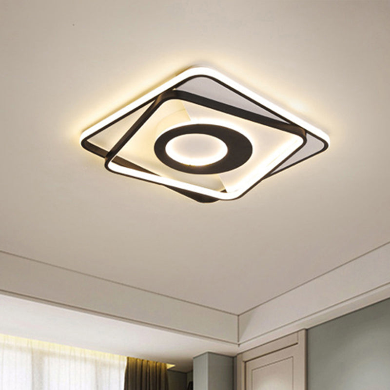 Modern Black and White Square Flush Ceiling Light Acrylic LED Fixture - 16"/19.5"/23.5" Width - Ideal for Warm/White Bedroom Lighting