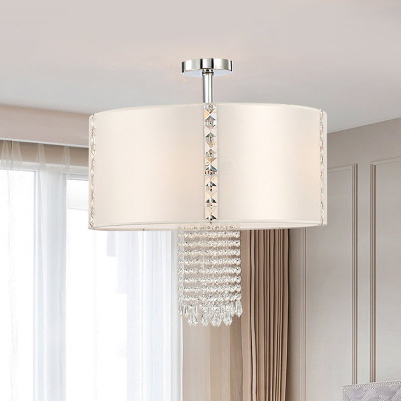 Modern 5-Light Chandelier: White Round Drop Pendant With Fabric Shade And Crystal Beads