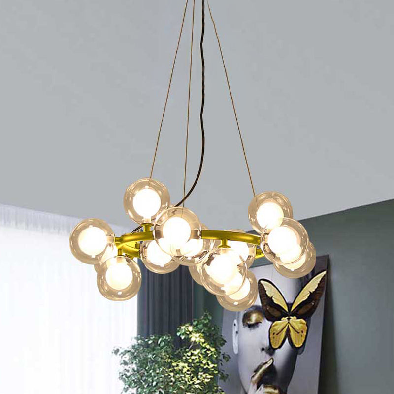 Modern Black/Gold Finish Glass 15/25-Bulb Global Shade Chandelier Lamp with Metal Ring - Ceiling Light Fixture