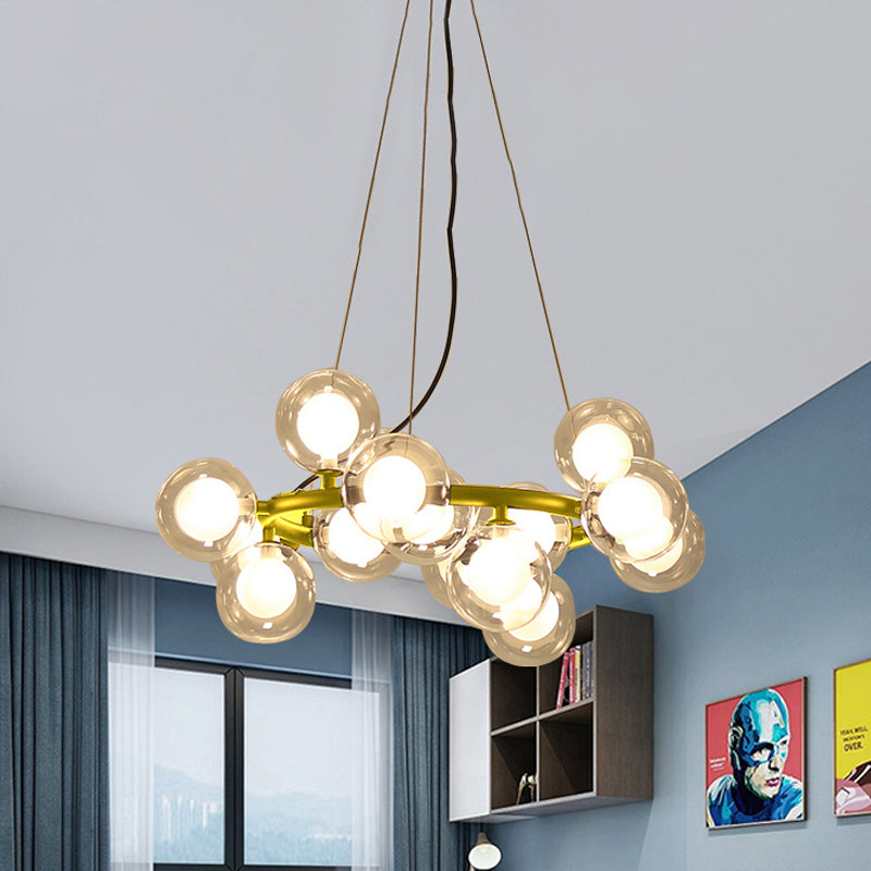 Modern Glass Chandelier - Global Shade Ceiling Light Fixture With Black/Gold Finish And Metal Ring