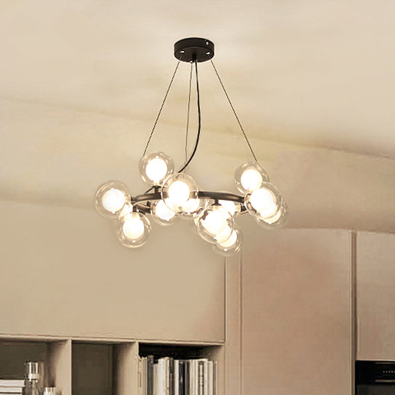 Modern Glass Chandelier - Global Shade Ceiling Light Fixture With Black/Gold Finish And Metal Ring