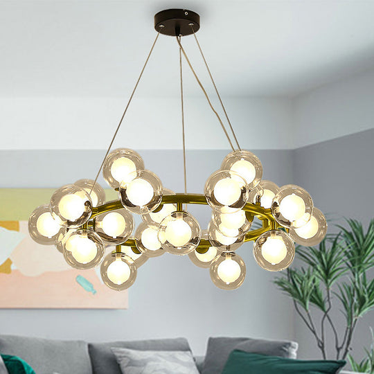 Modern Black/Gold Finish Glass 15/25-Bulb Global Shade Chandelier Lamp with Metal Ring - Ceiling Light Fixture