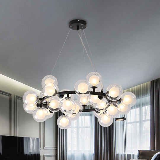 Modern Black/Gold Finish Glass 15/25-Bulb Global Shade Chandelier Lamp with Metal Ring - Ceiling Light Fixture