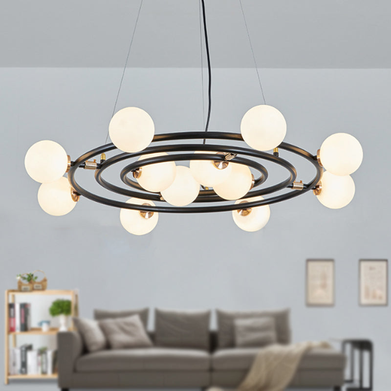 Contemporary Black Round Suspension Chandelier With Opal Glass Shade - 15 Lights 12 /