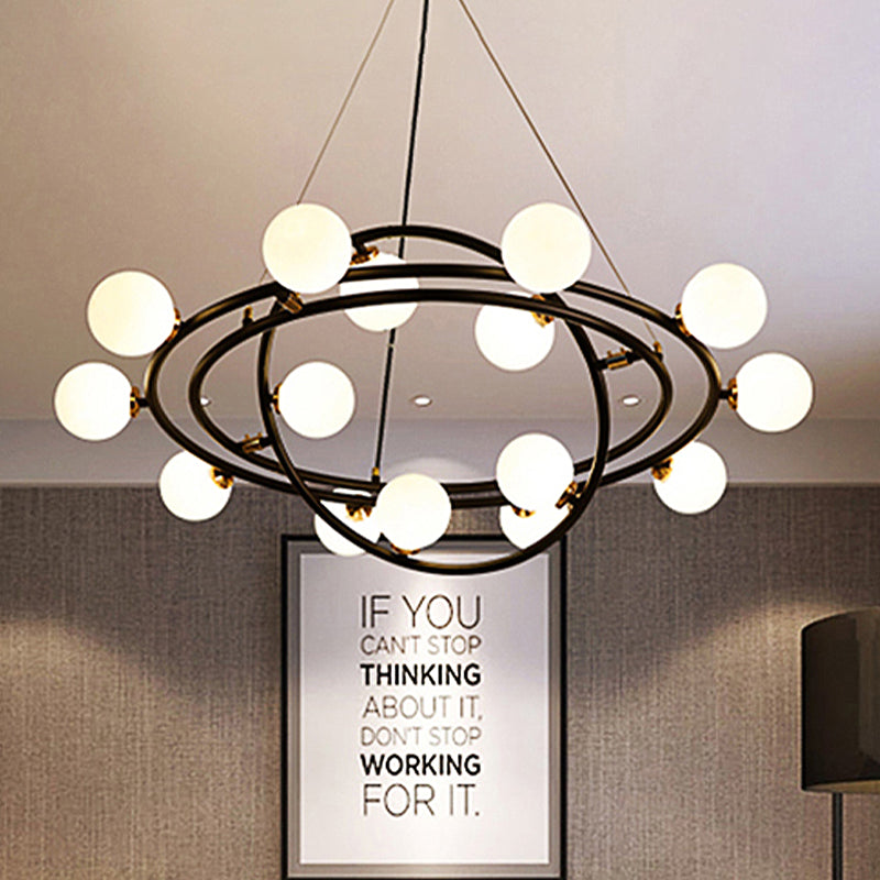 Contemporary Black Round Suspension Chandelier With Opal Glass Shade - 15 Lights