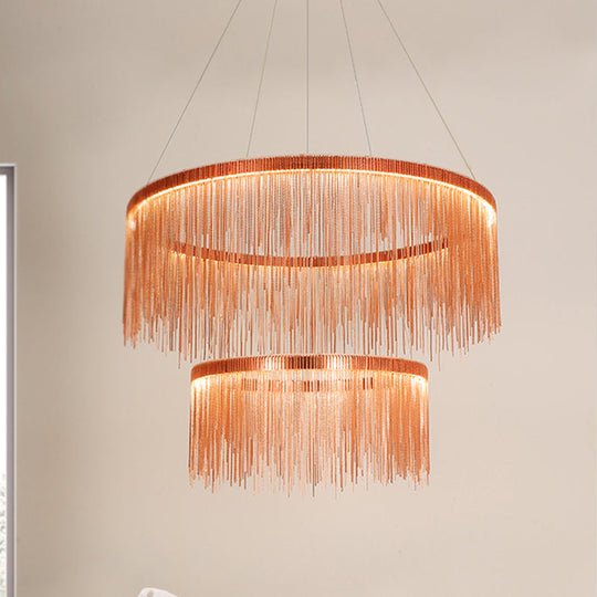 Contemporary Rose Gold Ceiling Lamp With Multi-Tiered Tassel Design - 1/2/3 Heads Chandelier Light