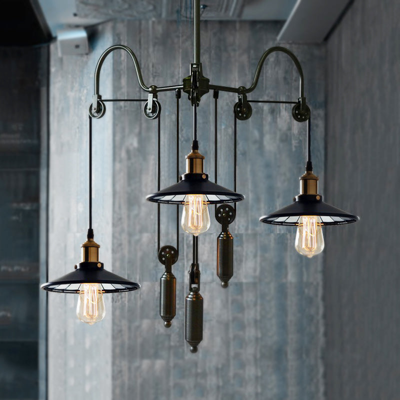 Industrial Flared Chandelier With Pulley And Cord - Black 3-Head Pendant Lamp For Living Room