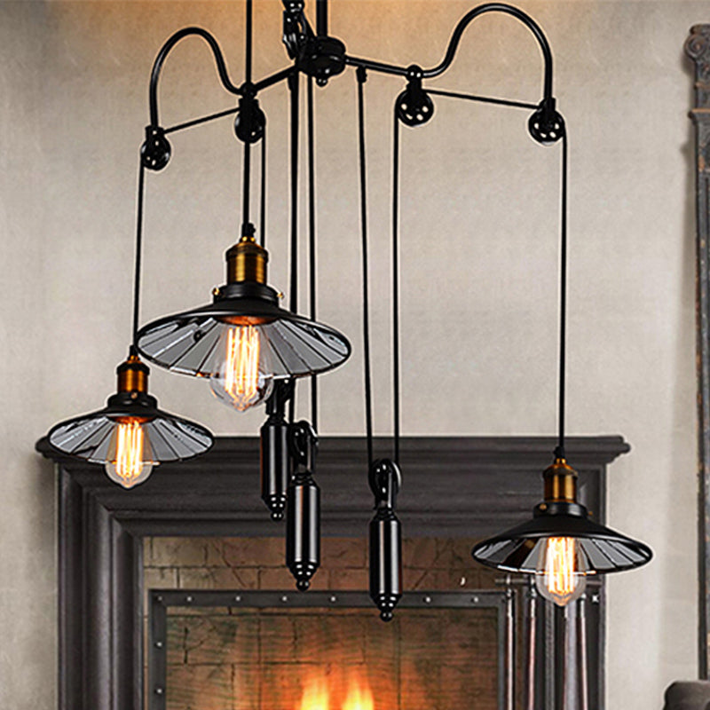 Industrial Flared Chandelier With Pulley And Cord - Black 3-Head Pendant Lamp For Living Room