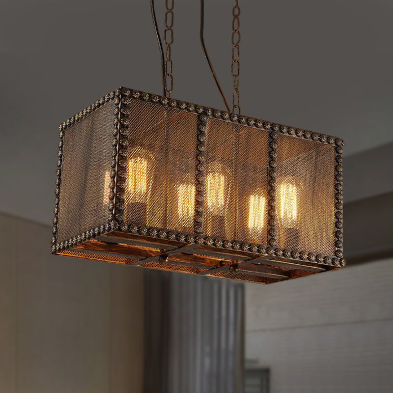 Antique Style Rectangle Cage Metal Chandelier: Rustic 6-Light Ceiling Fixture with Mesh Screen and Rivets