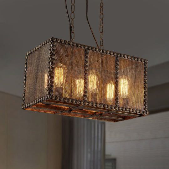 Antique Style 6-Light Rust Rectangle Chandelier With Mesh Screen And Rivets - Indoor Ceiling Fixture