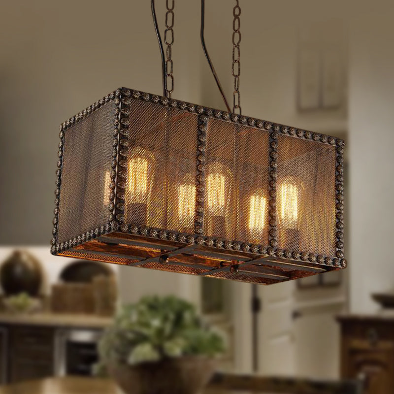 Antique Style 6-Light Rust Rectangle Chandelier With Mesh Screen And Rivets - Indoor Ceiling Fixture